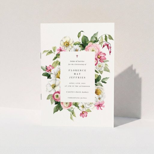 Floral Christening Design Floral christening order of service program design with one floral photo arrangement.