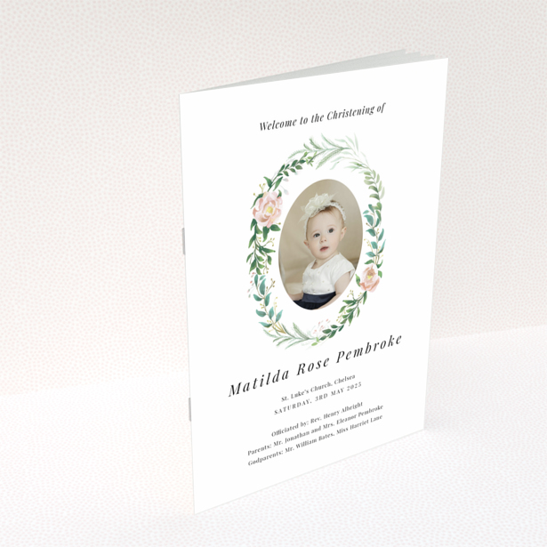 Back cover design of the "Portrait" christening order of service program with one photo placeholder.