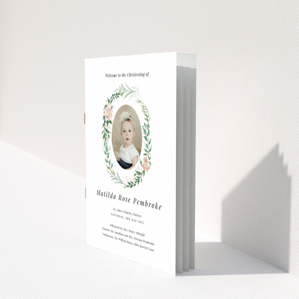 Back cover design of the "Portrait" christening order of service program with one photo placeholder.