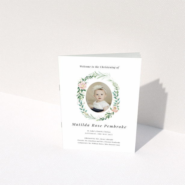 Back cover design of the "Portrait" christening order of service program with one photo placeholder.