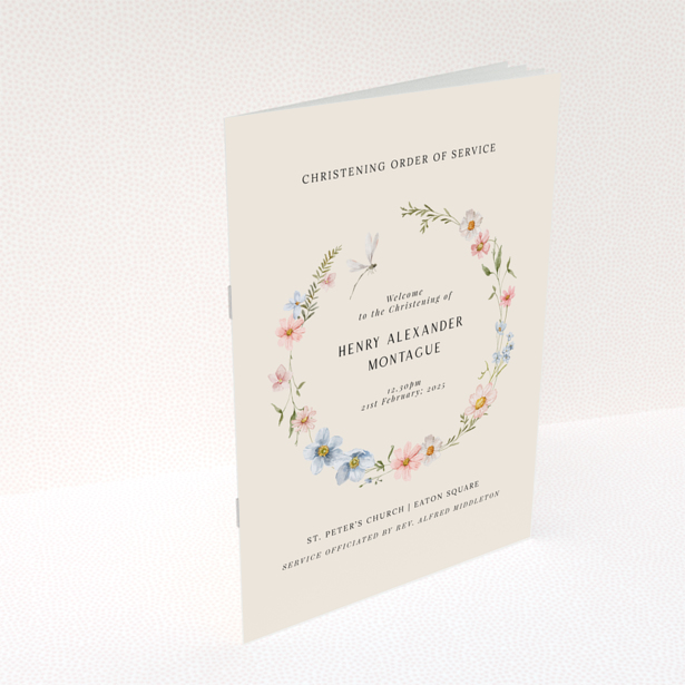 Back page design of Portrait christening order of service program featuring a delicate floral illustration.