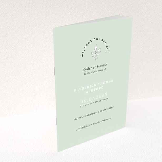 Christening order of service program back page design with green background and text layout Portrait