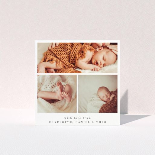 A christening thank you card design called "3 Frames". It is a square (148mm x 148mm) card in a square orientation. It is a photographic christening thank you card with room for 3 photos. "3 Frames" is available as a folded card, with mainly white colouring.