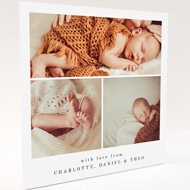 A new baby thank you card template titled "3 Frames". It is a square (148mm x 148mm) card in a square orientation. It is a photographic new baby thank you card with room for 3 photos. "3 Frames" is available as a folded card, with mainly white colouring.