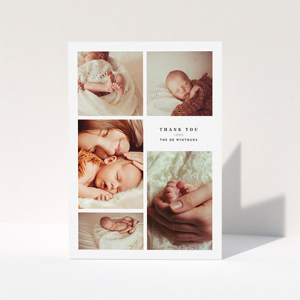 A christening thank you card design called "5-Frame Portrait". It is an A5 card in a portrait orientation. It is a photographic christening thank you card with room for 3 photos. "5-Frame Portrait" is available as a folded card, with tones of black and white.