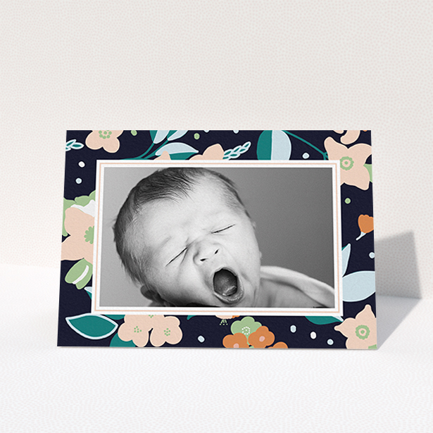 A christening thank you card design called "Bedtime Garden". It is an A6 card in a landscape orientation. It is a photographic christening thank you card with room for 1 photo. "Bedtime Garden" is available as a folded card, with tones of navy blue, pink and orange.