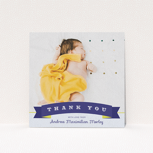 A christening thank you card design named "Big Banner". It is a square (148mm x 148mm) card in a square orientation. It is a photographic christening thank you card with room for 1 photo. "Big Banner" is available as a flat card, with tones of blue, yellow and light blue.