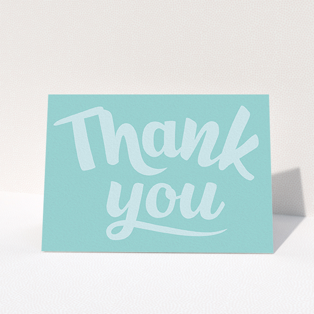 A christening thank you card called "Big Blue Typography". It is an A6 card in a landscape orientation. "Big Blue Typography" is available as a folded card, with mainly blue colouring.