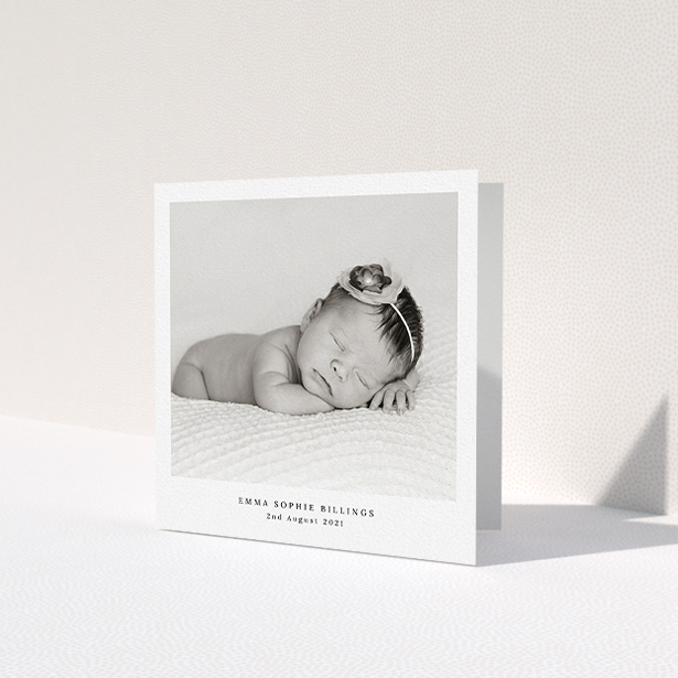 A christening thank you card design named 'Blenheim Palace'. It is a square (148mm x 148mm) card in a square orientation. It is a photographic christening thank you card with room for 1 photo. 'Blenheim Palace' is available as a folded card, with mainly white colouring.