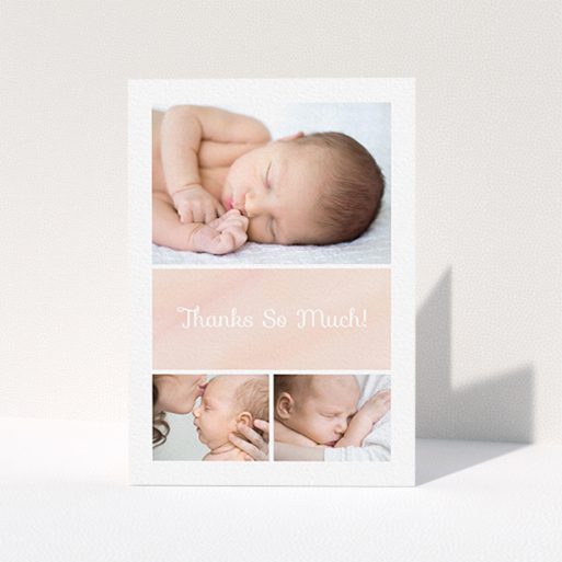 A christening thank you card design called "Block Tower". It is an A6 card in a portrait orientation. It is a photographic christening thank you card with room for 3 photos. "Block Tower" is available as a folded card, with tones of pink and white.