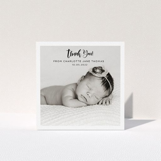 A christening thank you card design called "Bordered Photo Square". It is a square (148mm x 148mm) card in a square orientation. It is a photographic christening thank you card with room for 1 photo. "Bordered Photo Square" is available as a folded card, with mainly white colouring.