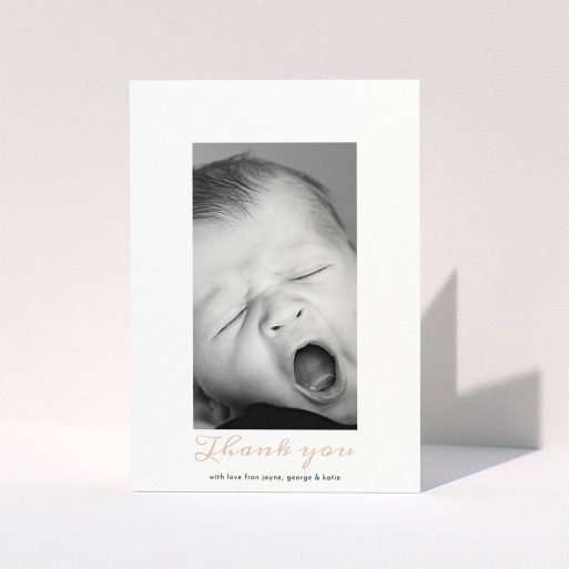 A christening thank you card template titled "Central Portrait". It is an A5 card in a portrait orientation. It is a photographic christening thank you card with room for 1 photo. "Central Portrait" is available as a folded card, with tones of white and pink.