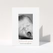 A christening thank you card template titled "Central Portrait". It is an A5 card in a portrait orientation. It is a photographic christening thank you card with room for 1 photo. "Central Portrait" is available as a folded card, with tones of white and pink.