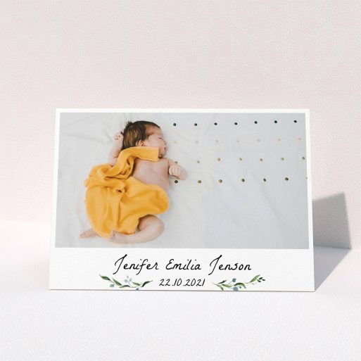 Christening Thank You Card Design - "Classic Floral" A christening thank you card design named "Classic Floral". It is an A5 card in a landscape orientation. It is a photographic christening thank you card with room for 1 photo. "Classic Floral" is available as a folded card, with mainly green colouring.