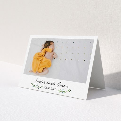 A christening thank you card design named 'Classic Floral'. It is an A5 card in a landscape orientation. It is a photographic christening thank you card with room for 1 photo. 'Classic Floral' is available as a folded card, with mainly green colouring.