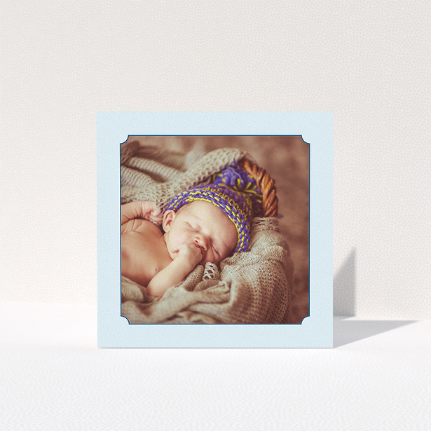 A christening thank you card design called "Classic Frame". It is a square (148mm x 148mm) card in a square orientation. It is a photographic christening thank you card with room for 1 photo. "Classic Frame" is available as a folded card, with mainly blue colouring.