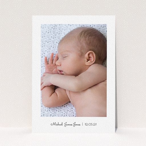 A christening thank you card design named "Classic Thank You with Photo". It is an A6 card in a portrait orientation. It is a photographic christening thank you card with room for 1 photo. "Classic Thank You with Photo" is available as a flat card, with mainly white colouring.