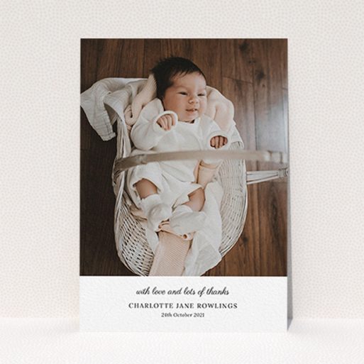 A christening thank you card design titled "Classic Wedding Thanks". It is an A6 card in a portrait orientation. It is a photographic christening thank you card with room for 1 photo. "Classic Wedding Thanks" is available as a flat card, with mainly white colouring.