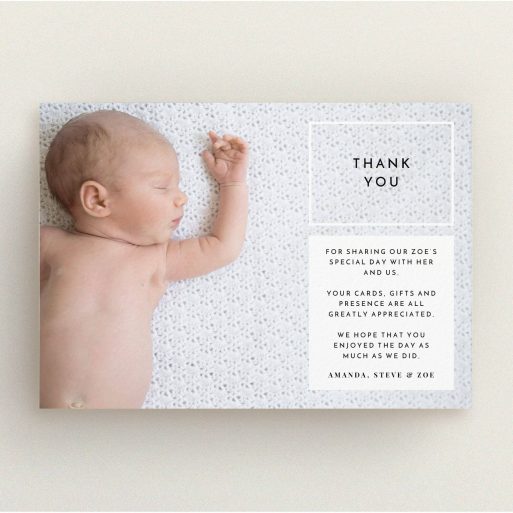 A christening thank you card called "Modern Side Frame". It is an A5 card in a landscape orientation. It is a photographic christening thank you card with room for 1 photo. "Modern Side Frame" is available as a flat card, with mainly black colouring.