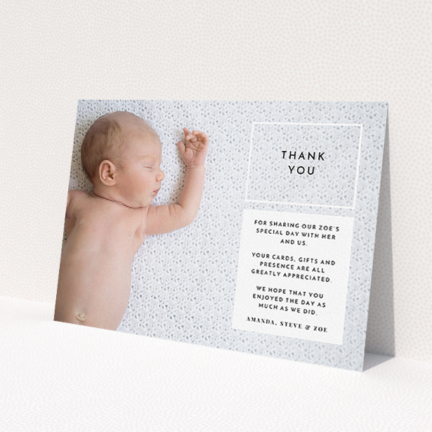 A christening thank you card called "Modern Side Frame". It is an A5 card in a landscape orientation. It is a photographic christening thank you card with room for 1 photo. "Modern Side Frame" is available as a flat card, with mainly black colouring.