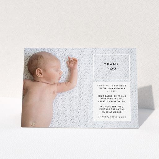 A christening thank you card called "Modern Side Frame". It is an A6 card in a landscape orientation. It is a photographic christening thank you card with room for 1 photo. "Modern Side Frame" is available as a folded card, with mainly black colouring.