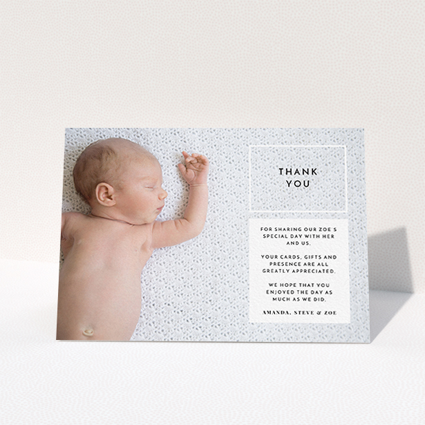 A christening thank you card called "Modern Side Frame". It is an A6 card in a landscape orientation. It is a photographic christening thank you card with room for 1 photo. "Modern Side Frame" is available as a folded card, with mainly black colouring.