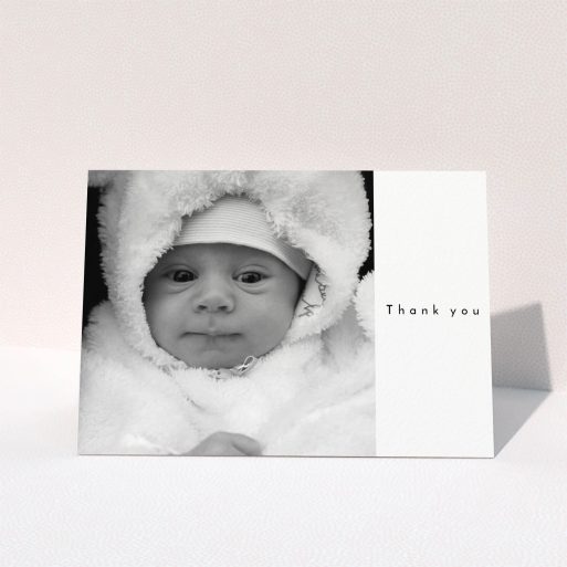 Christening Thank You Card Design - "Most of the Page Frame" A christening thank you card design named "Most of the Page Frame". It is an A5 card in a landscape orientation. It is a photographic christening thank you card with room for 1 photo. "Most of the Page Frame" is available as a folded card, with mainly white colouring.