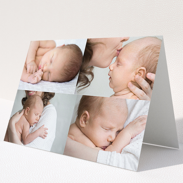 A christening thank you card named "No Border Frames". It is an A5 card in a landscape orientation. It is a photographic christening thank you card with room for 3 photos. "No Border Frames" is available as a folded card, with mainly white colouring.