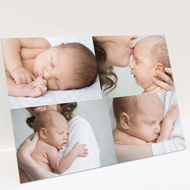 A christening thank you card named "No Border Frames". It is an A5 card in a landscape orientation. It is a photographic christening thank you card with room for 3 photos. "No Border Frames" is available as a folded card, with mainly white colouring.
