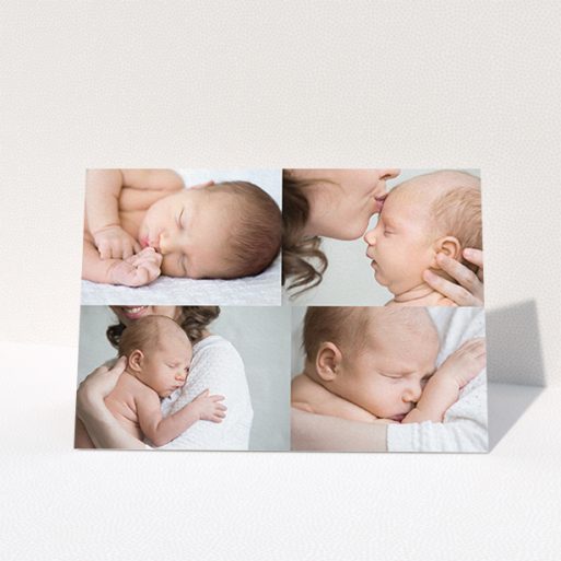 A christening thank you card called "No Border Frames". It is an A6 card in a landscape orientation. It is a photographic christening thank you card with room for 3 photos. "No Border Frames" is available as a folded card, with mainly white colouring.