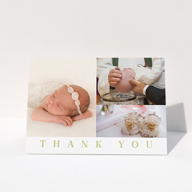 A christening thank you card named "One and Two Half Frames". It is an A6 card in a landscape orientation. It is a photographic christening thank you card with room for 3 photos. "One and Two Half Frames" is available as a folded card, with tones of white and gold.