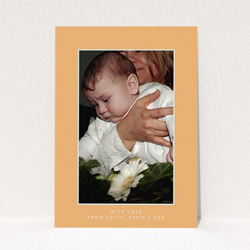 A christening thank you card design named "Orange and Mint". It is an A6 card in a portrait orientation. It is a photographic christening thank you card with room for 1 photo. "Orange and Mint" is available as a flat card, with tones of orange and blue.