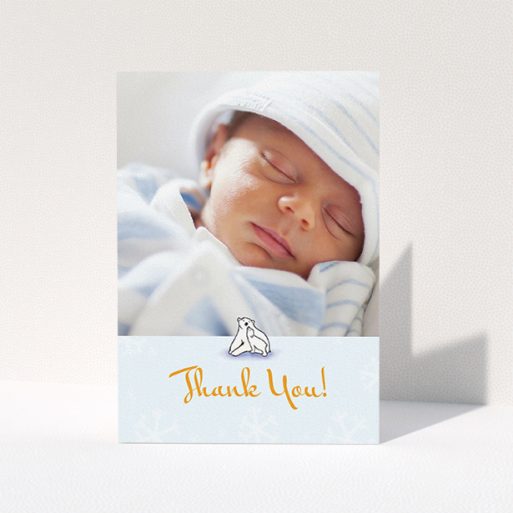A christening thank you card template titled "Polar Picture". It is an A5 card in a portrait orientation. It is a photographic christening thank you card with room for 1 photo. "Polar Picture" is available as a folded card, with tones of blue and white.