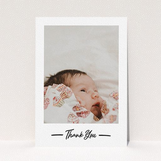 A christening thank you card design called "Portrait Thank You Photo". It is an A6 card in a portrait orientation. It is a photographic christening thank you card with room for 1 photo. "Portrait Thank You Photo" is available as a flat card, with mainly white colouring.