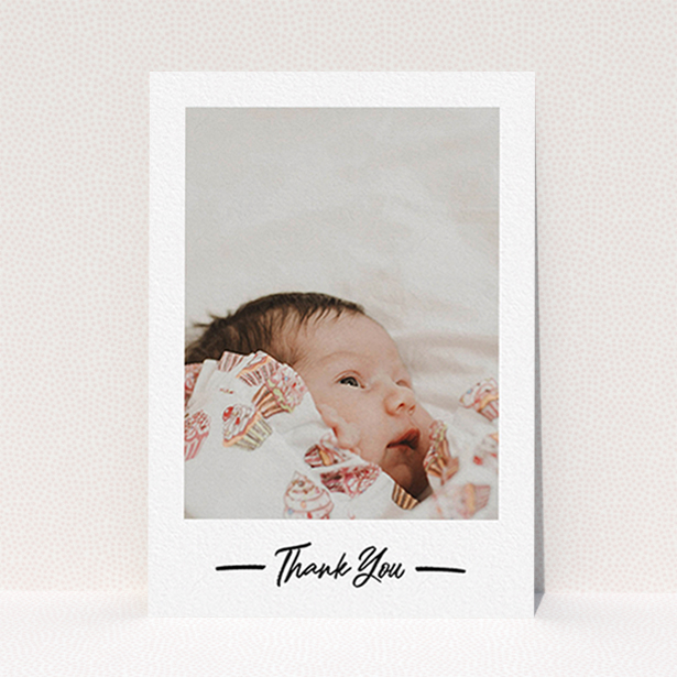 A christening thank you card design called "Portrait Thank You Photo". It is an A6 card in a portrait orientation. It is a photographic christening thank you card with room for 1 photo. "Portrait Thank You Photo" is available as a flat card, with mainly white colouring.