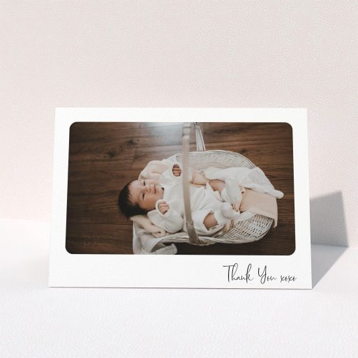 Christening Thank You Card Design - "Rounded Thanks" A christening thank you card template titled "Rounded Thanks". It is an A5 card in a landscape orientation. It is a photographic christening thank you card with room for 1 photo. "Rounded Thanks" is available as a folded card, with mainly white colouring.
