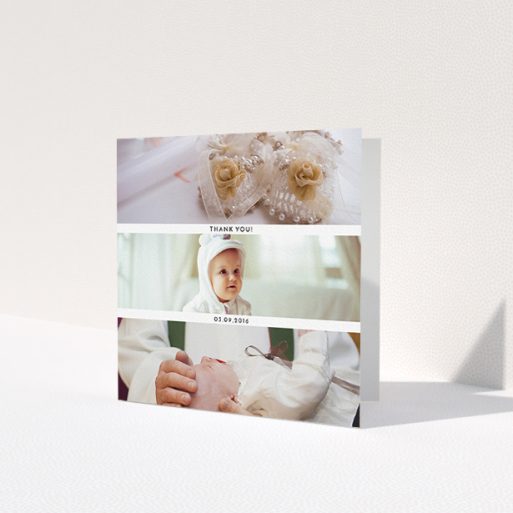 A christening thank you card called 'Short Landscape Frames'. It is a square (148mm x 148mm) card in a square orientation. It is a photographic christening thank you card with room for 3 photos. 'Short Landscape Frames' is available as a folded card, with mainly white colouring.