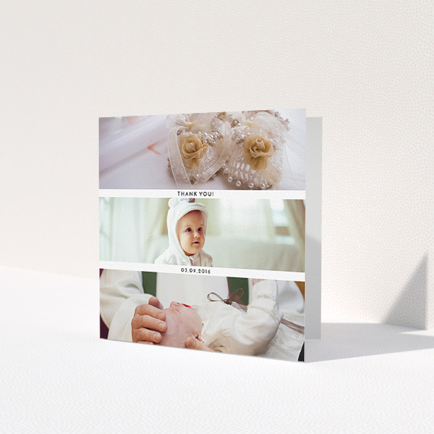 A christening thank you card called 'Short Landscape Frames'. It is a square (148mm x 148mm) card in a square orientation. It is a photographic christening thank you card with room for 3 photos. 'Short Landscape Frames' is available as a folded card, with mainly white colouring.