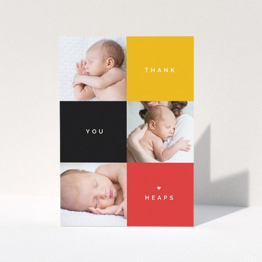 A christening thank you card design titled "Side-to-Side". It is an A5 card in a portrait orientation. It is a photographic christening thank you card with room for 3 photos. "Side-to-Side" is available as a folded card, with tones of black, red and yellow.