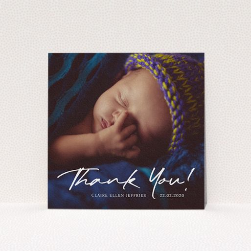 A christening thank you card design titled "Simple Appreciation". It is a square (148mm x 148mm) card in a square orientation. It is a photographic christening thank you card with room for 1 photo. "Simple Appreciation" is available as a flat card, with mainly white colouring.