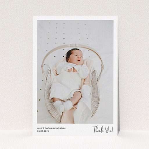 A christening thank you card template titled "Simple Wedding Thank You". It is an A6 card in a portrait orientation. It is a photographic christening thank you card with room for 1 photo. "Simple Wedding Thank You" is available as a flat card, with mainly white colouring.