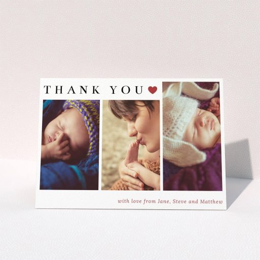 A christening thank you card design named "Simply Thanks". It is an A5 card in a landscape orientation. It is a photographic christening thank you card with room for 3 photos. "Simply Thanks" is available as a folded card, with tones of white and red.