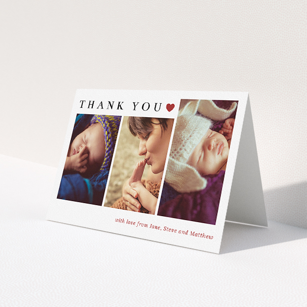 A christening thank you card design named 'Simply Thanks'. It is an A5 card in a landscape orientation. It is a photographic christening thank you card with room for 3 photos. 'Simply Thanks' is available as a folded card, with tones of white and red.