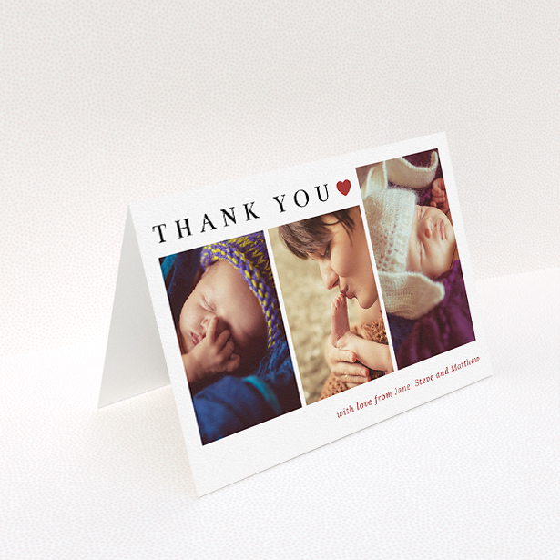 A christening thank you card design named "Simply Thanks". It is an A5 card in a landscape orientation. It is a photographic christening thank you card with room for 3 photos. "Simply Thanks" is available as a folded card, with tones of white and red.