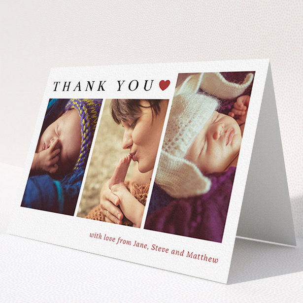 A christening thank you card design named "Simply Thanks". It is an A5 card in a landscape orientation. It is a photographic christening thank you card with room for 3 photos. "Simply Thanks" is available as a folded card, with tones of white and red.