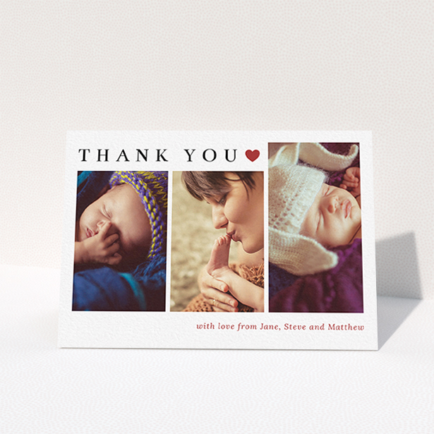 A christening thank you card design called "Simply Thanks". It is an A6 card in a landscape orientation. It is a photographic christening thank you card with room for 3 photos. "Simply Thanks" is available as a folded card, with tones of white and red.