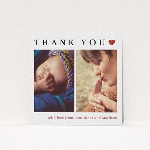 A christening thank you card design named "Simply Thanks". It is a square (148mm x 148mm) card in a square orientation. It is a photographic christening thank you card with room for 3 photos. "Simply Thanks" is available as a flat card, with tones of white and red.