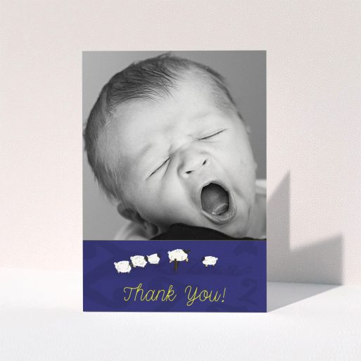 A christening thank you card design titled "Sleepy Time". It is an A6 card in a portrait orientation. It is a photographic christening thank you card with room for 1 photo. "Sleepy Time" is available as a folded card, with tones of blue and white.