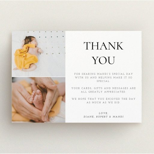 A christening thank you card design titled "Stacked Frames in Thirds". It is an A5 card in a landscape orientation. It is a photographic christening thank you card with room for 2 photos. "Stacked Frames in Thirds" is available as a flat card, with mainly white colouring.