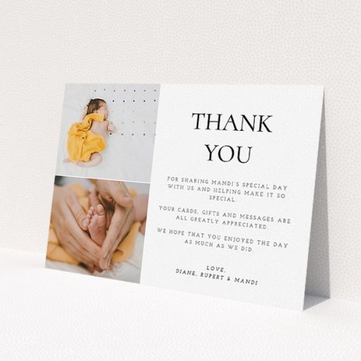 A christening thank you card design titled 'Stacked Frames in Thirds'. It is an A5 card in a landscape orientation. It is a photographic christening thank you card with room for 2 photos. 'Stacked Frames in Thirds' is available as a flat card, with mainly white colouring.